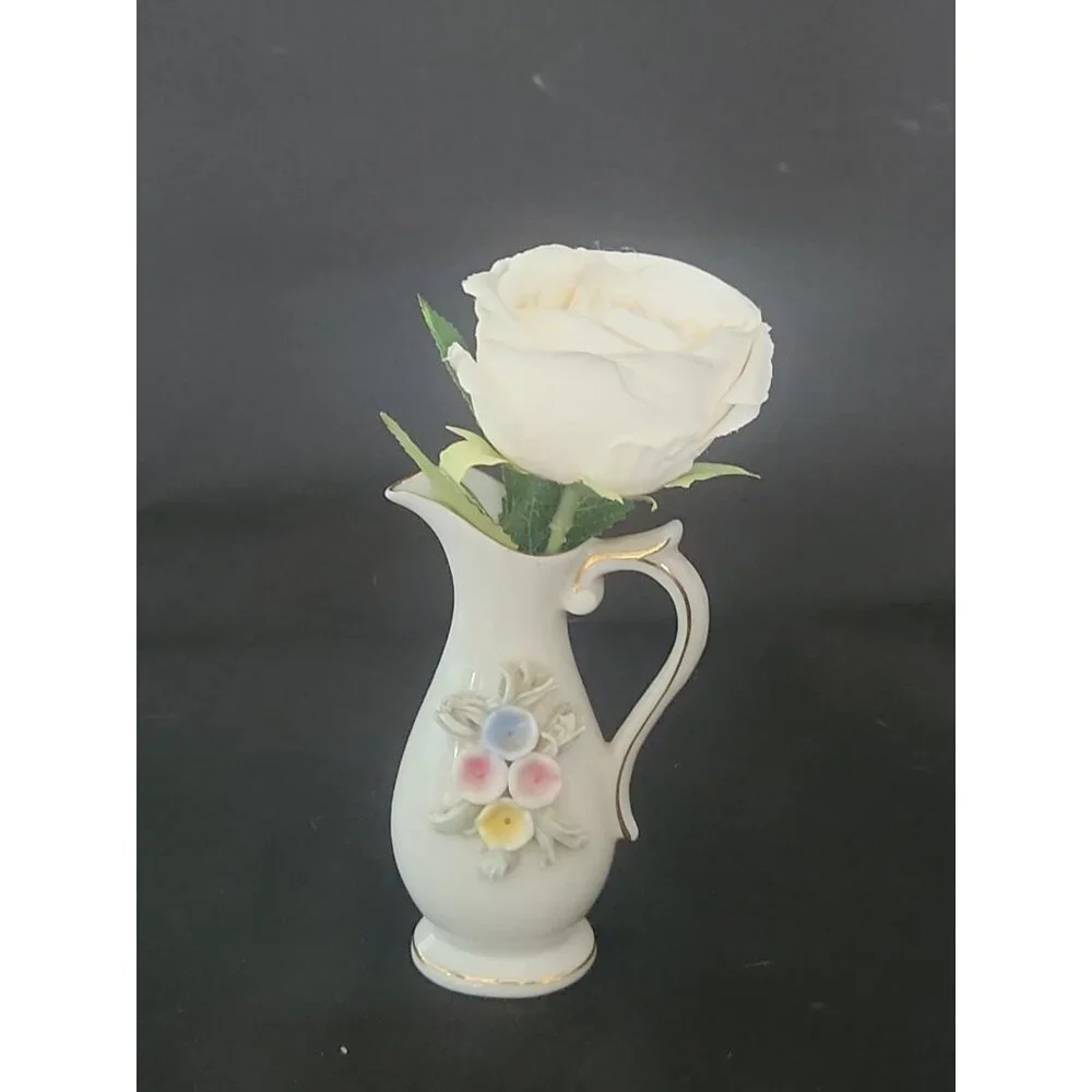 Cream Porcelain Pitcher Vase with Pastel Floral Appliqués and Gold Trim